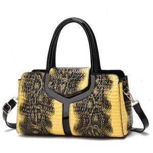 Women's Yellow Faux Leather Top handle Retro Crocodile Crossbody Satchel Bag